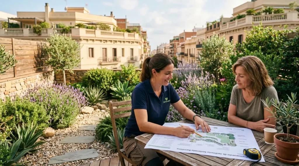 Paisajista de Jardilum explicando un plano de diseño sostenible a una cliente en una terraza ajardinada en Barcelona.