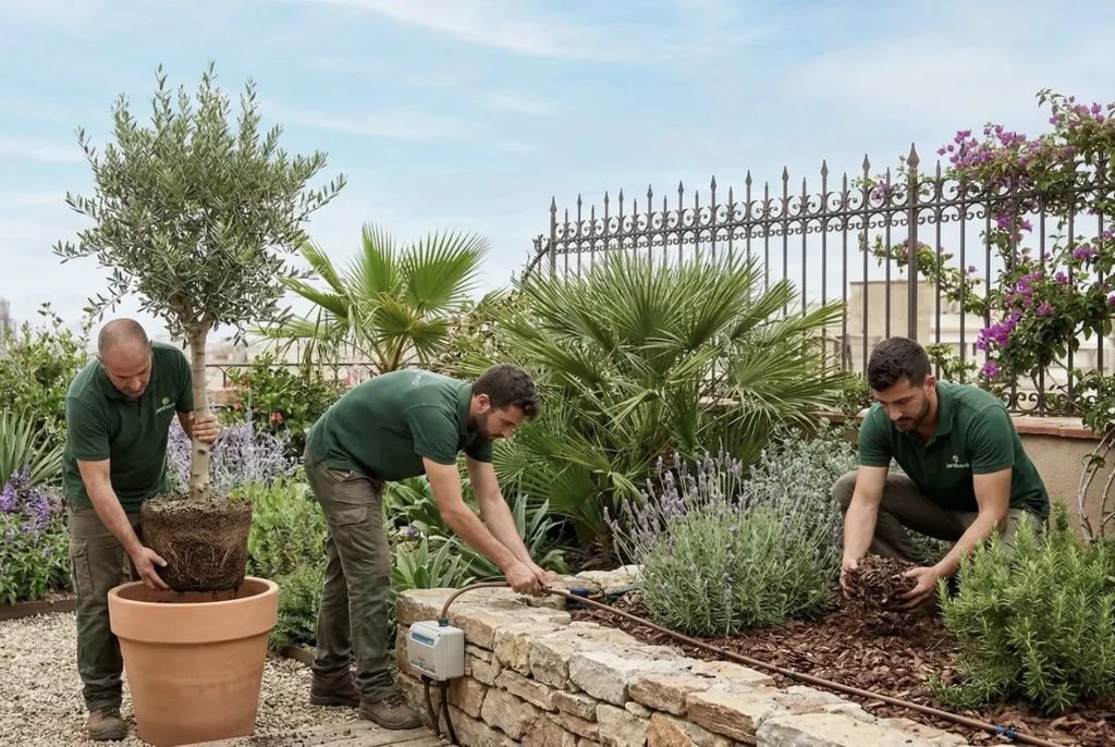 Equipo de jardineros profesionales de Jardilum diseñando un jardín sostenible mediterráneo en Barcelona con técnicas de xerojardinería y riego eficiente.